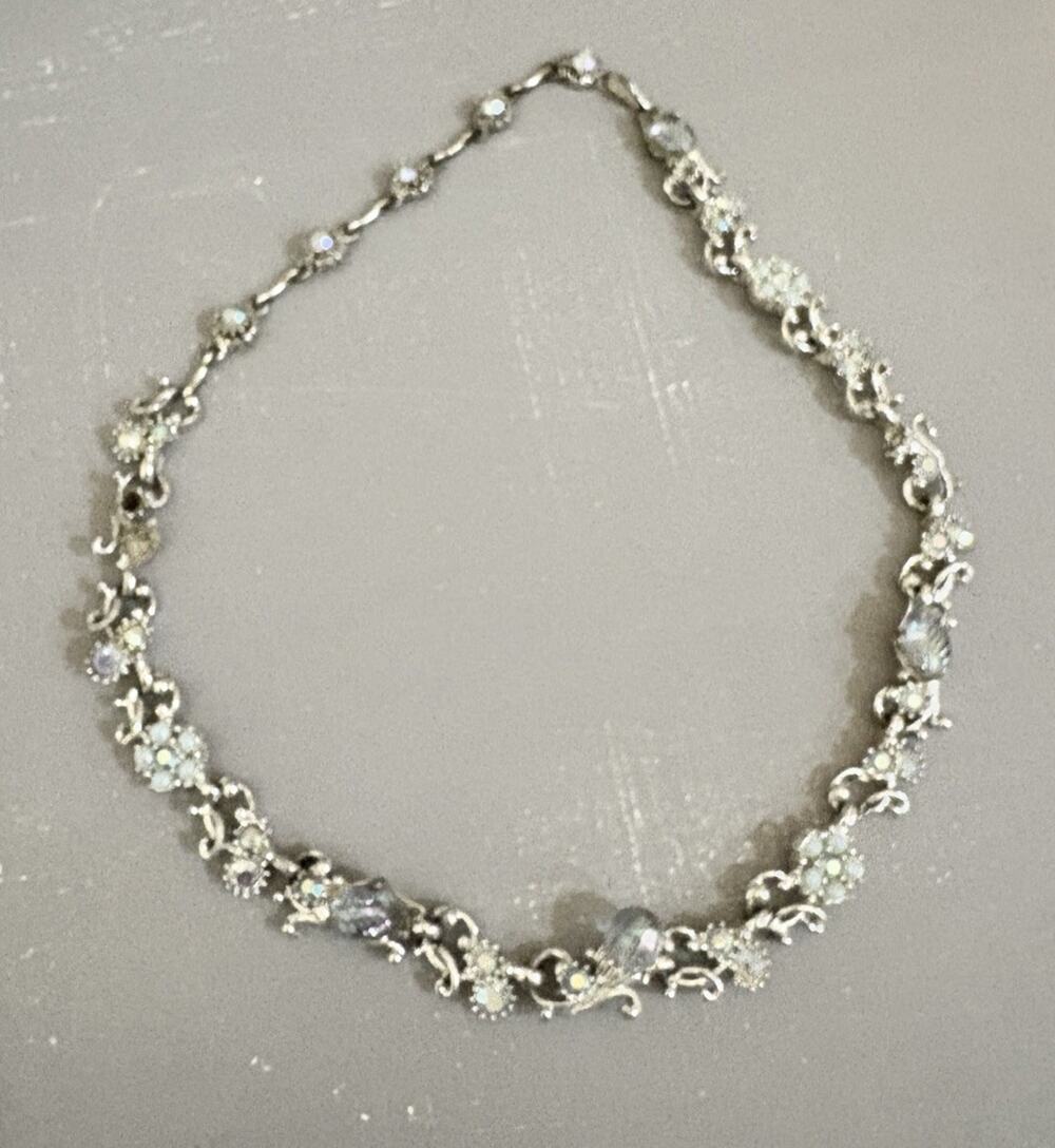 Vintage Hollycraft 1959 Necklace Blue AB Rhinestones Faux Pearls Silver Tone
